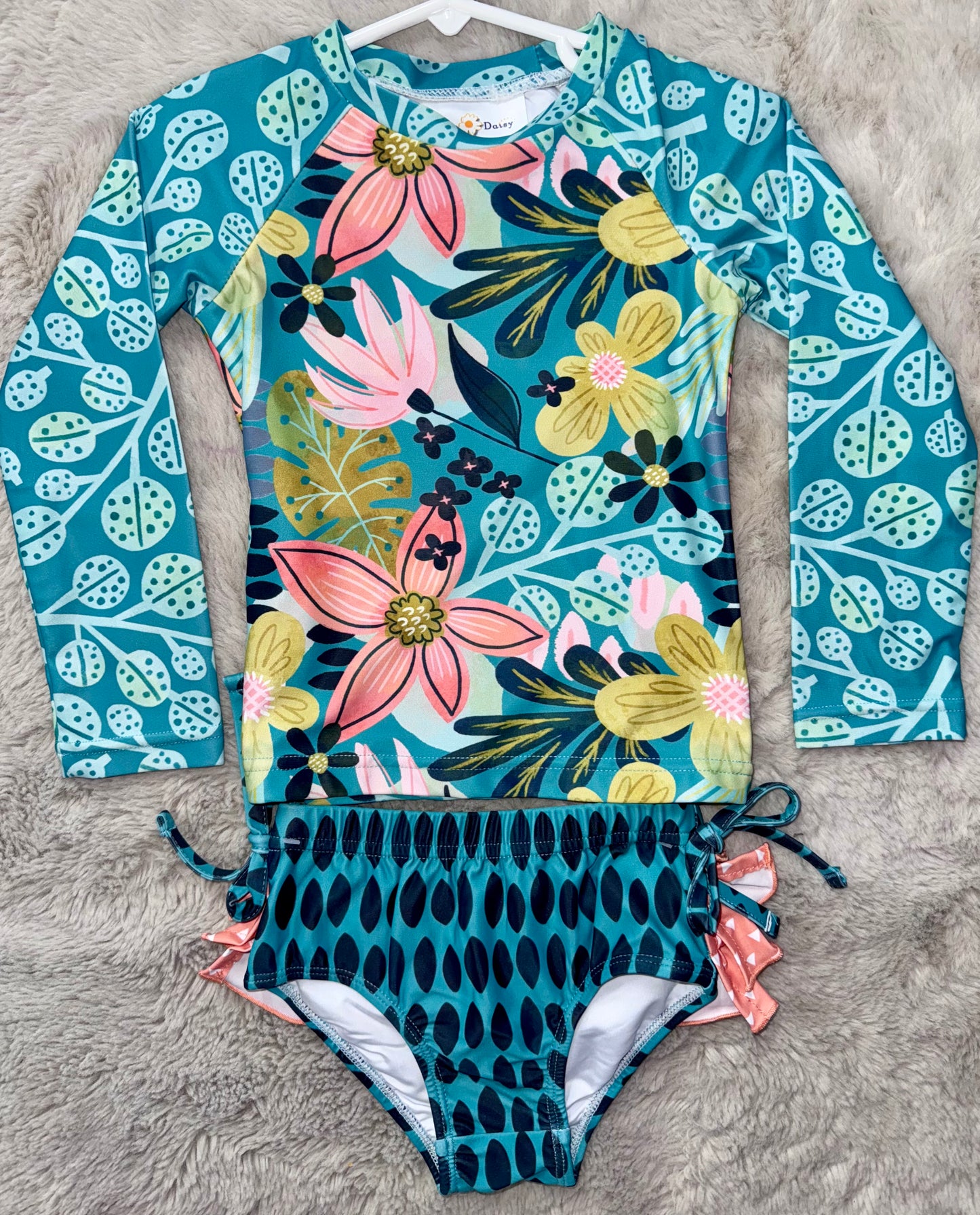 Tropical Teal Two-Piece Rash Guard Swimsuit