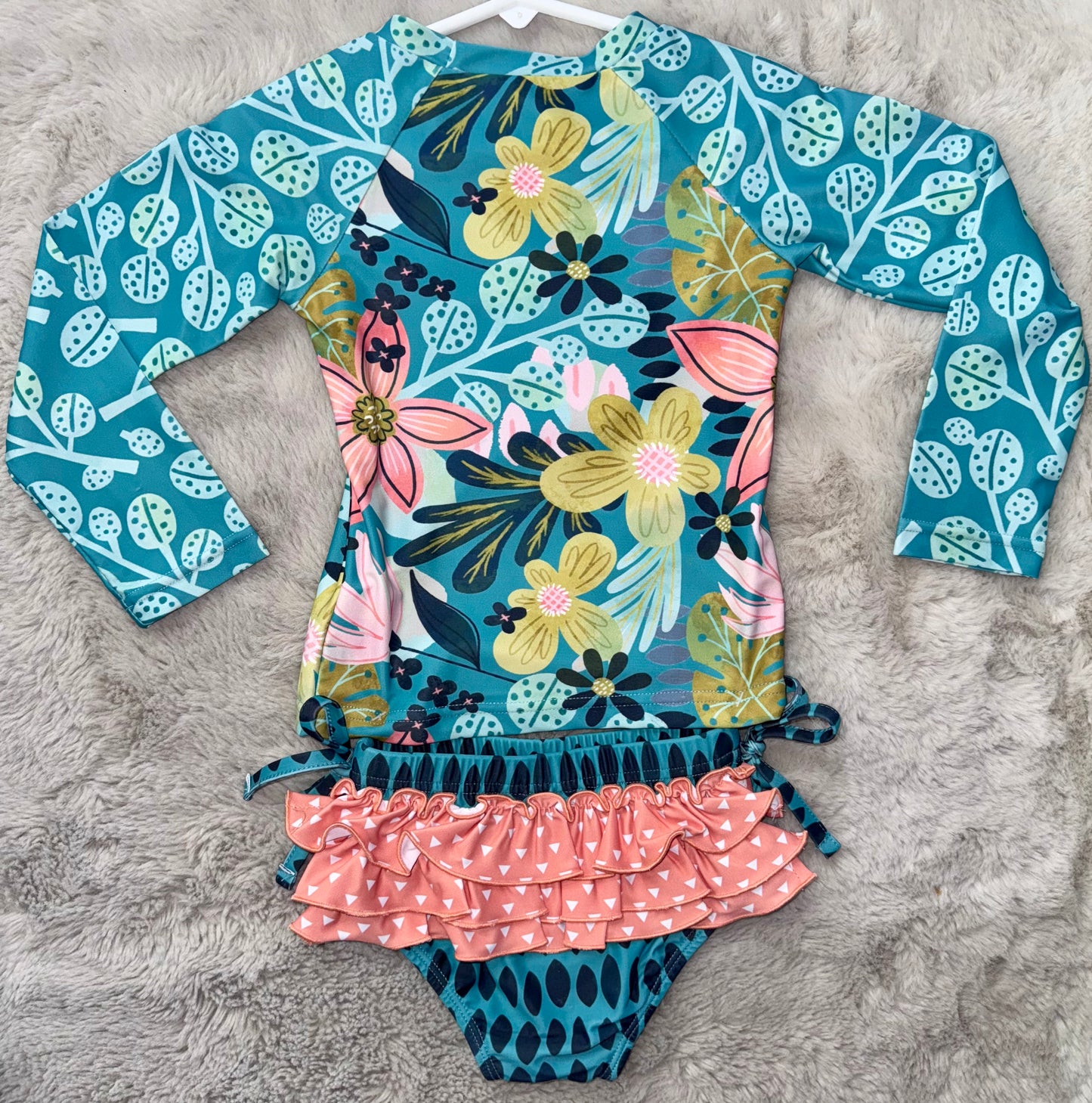 Tropical Teal Two-Piece Rash Guard Swimsuit
