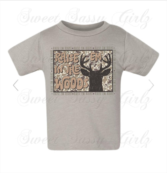 Raise ’Em Right, Raise ’Em In The Woods | Full Front Design | Bella Heather Stone Tee