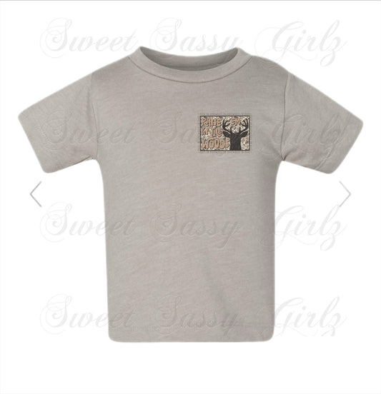 Raise ’Em Right, Raise ’Em In The Woods | Front Pocket + Back Design | Bella Heather Stone Tee