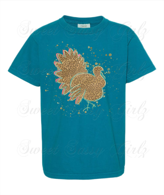 Leopard Turkey | Youth Comfort Colors Tee | Topaz Blue