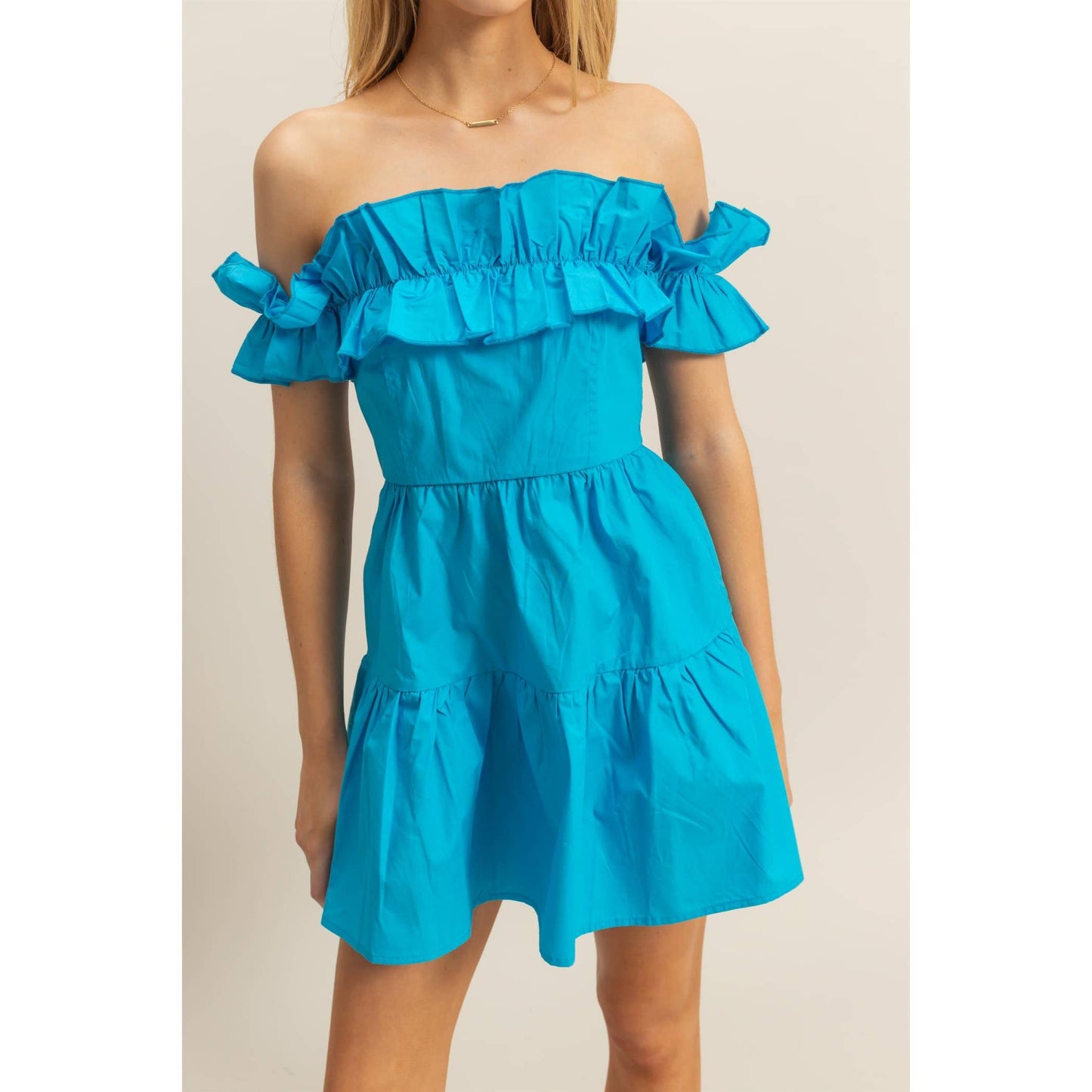Poplin Off Shoulder Ruffled Mini Dress: AQUA BLUE