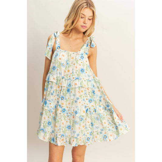 Floral Self-Tie Straps Ruffle Mini Dress: BLUE