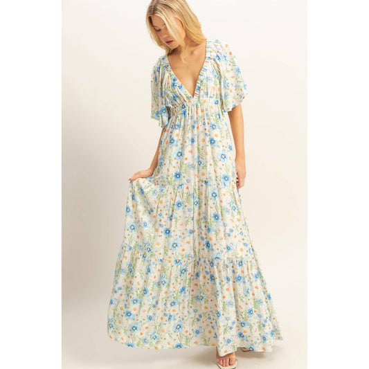 Floral V-Neck Flowy Tiered Maxi Dress: BLUE
