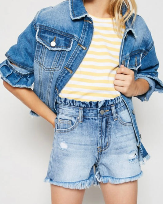 Kids Distressed High Waste Denim Shorts