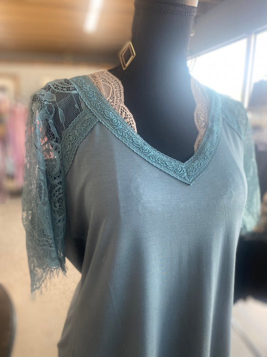 Blue lace sleeve v-neck