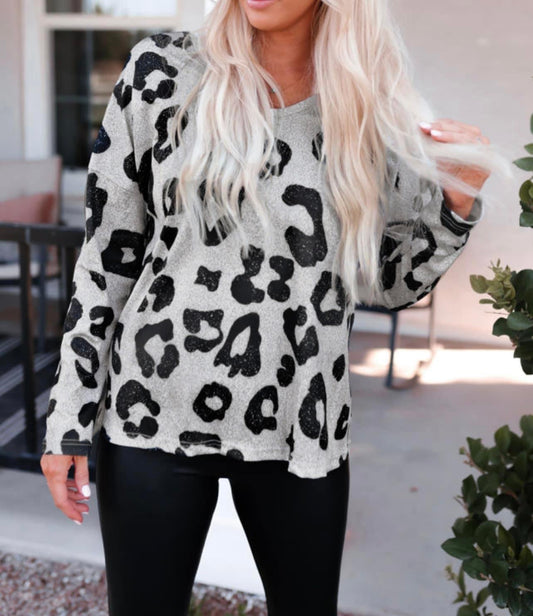 Gray Leopard Print Loose Fit Top